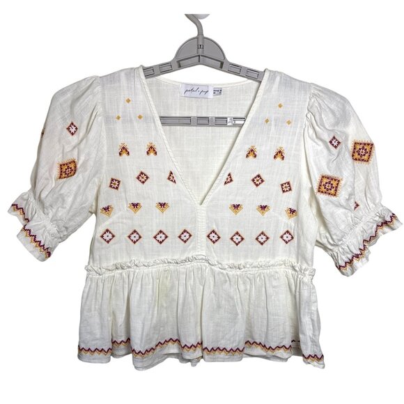 Petal & Pup Cropped Ruffle Top Size 6 Blouse V Neck Embroidery White Cotton - Picture 1 of 10